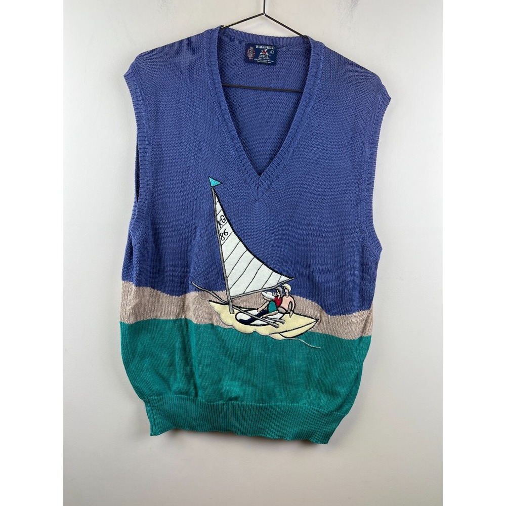 Vintage Kenneth Gordon Wakefield Lisle Sailboat Sweater Vest Blue Cotton Large